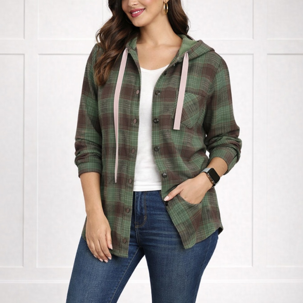 Grace Karin Plaid Hooded Jacket Women’s Size Medium | New Cozy Button-